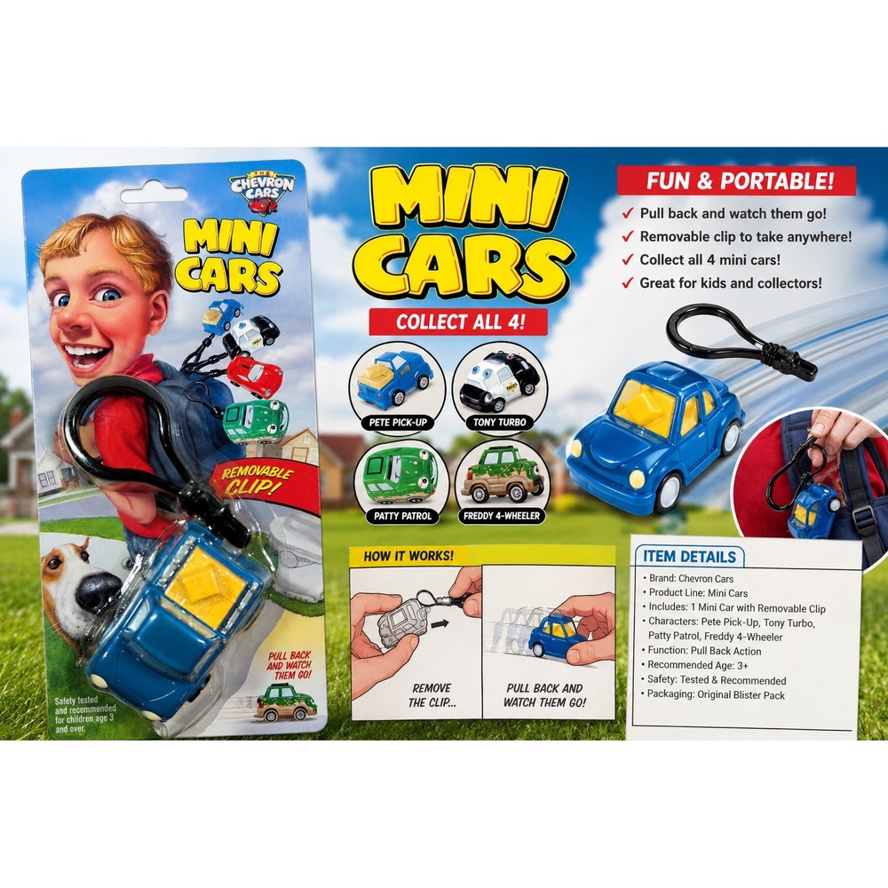 Vintage 2000 Chevron Cars Mini Cars Tony Turbo Blue Pull Back Toy Clip Keychain